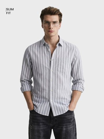 Men's Grey Slim Fit Striped Casual Shirts