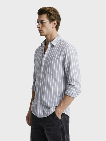 Men's Grey Slim Fit Striped Casual Shirts