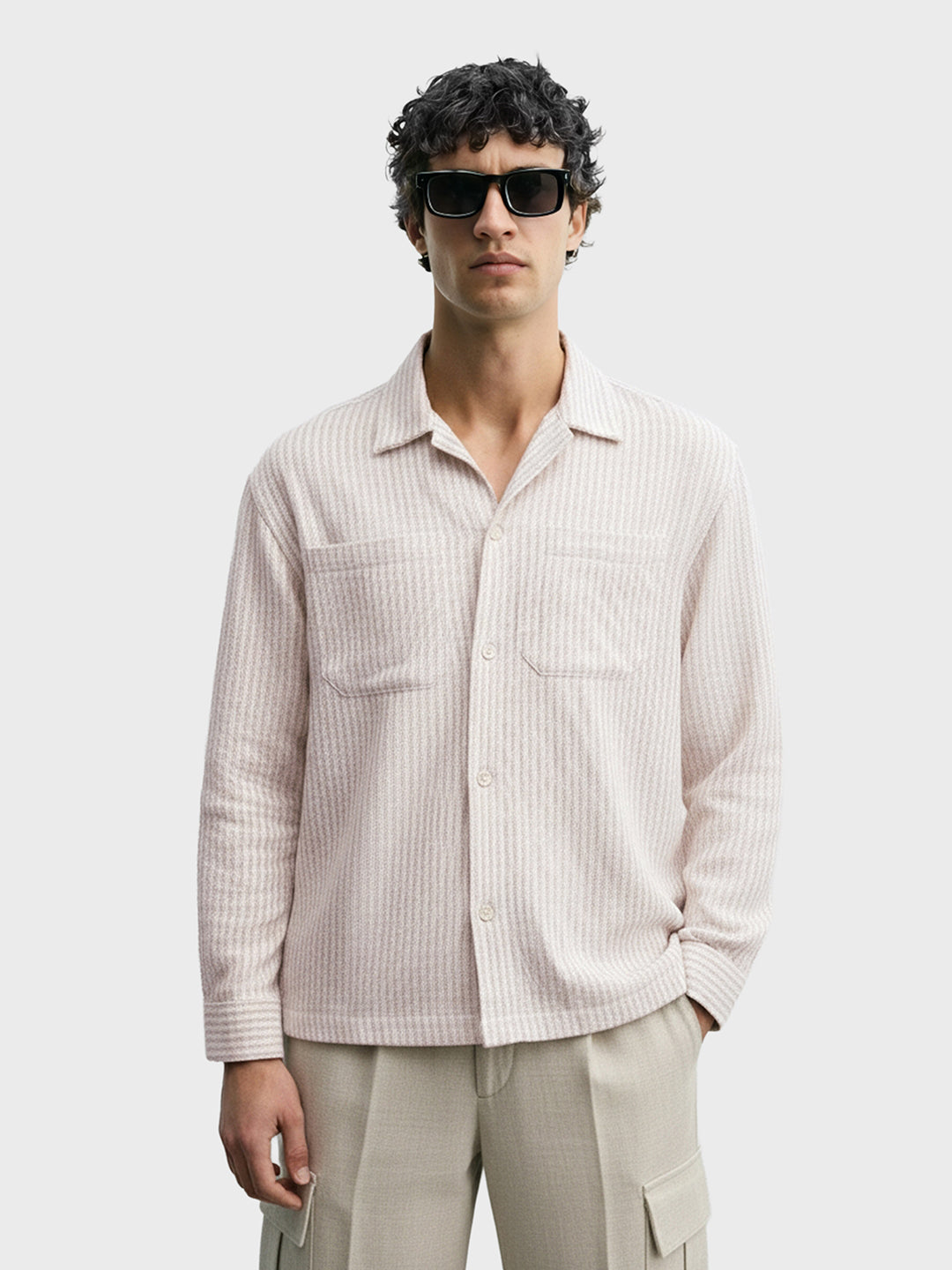 Men's Khaki Regular Fit Vertical Stripes Resort Wear Shirt