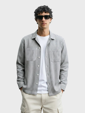 Men's Black Regular Fit Vertical Stripes Resort Wear Shirt