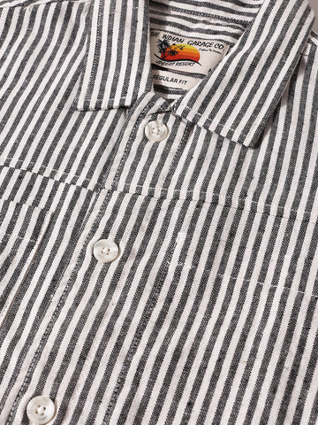 Men's Black Regular Fit Vertical Stripes Resort Wear Shirt