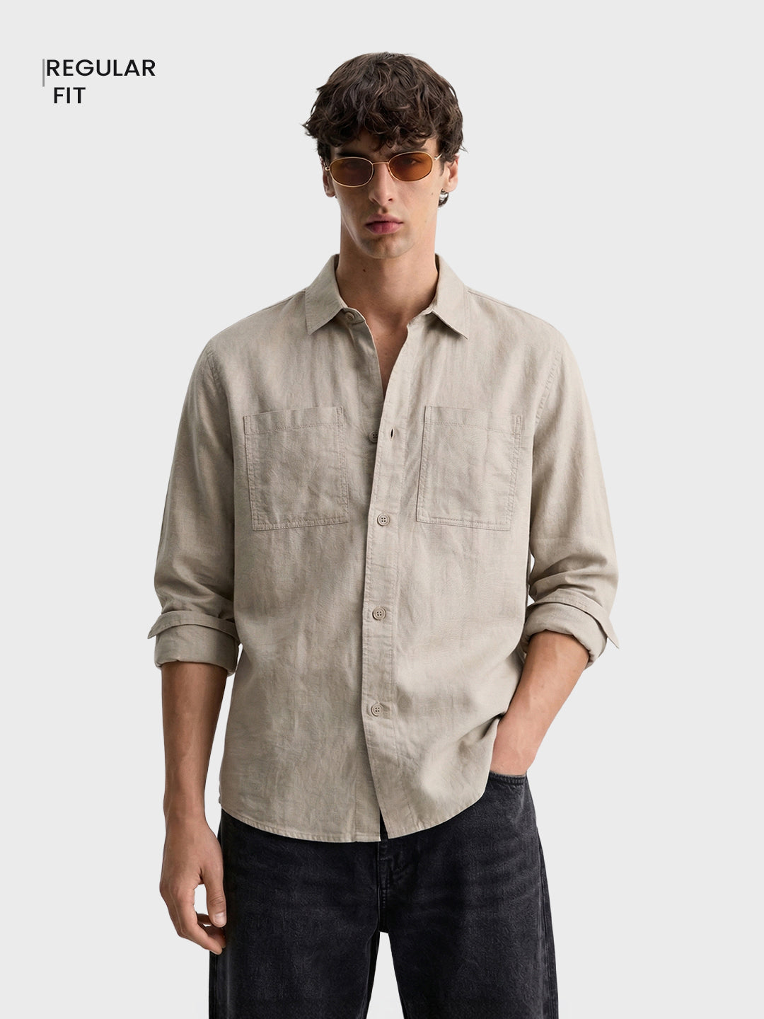 Men's Khaki Regular Fit Solid Casual Shirt