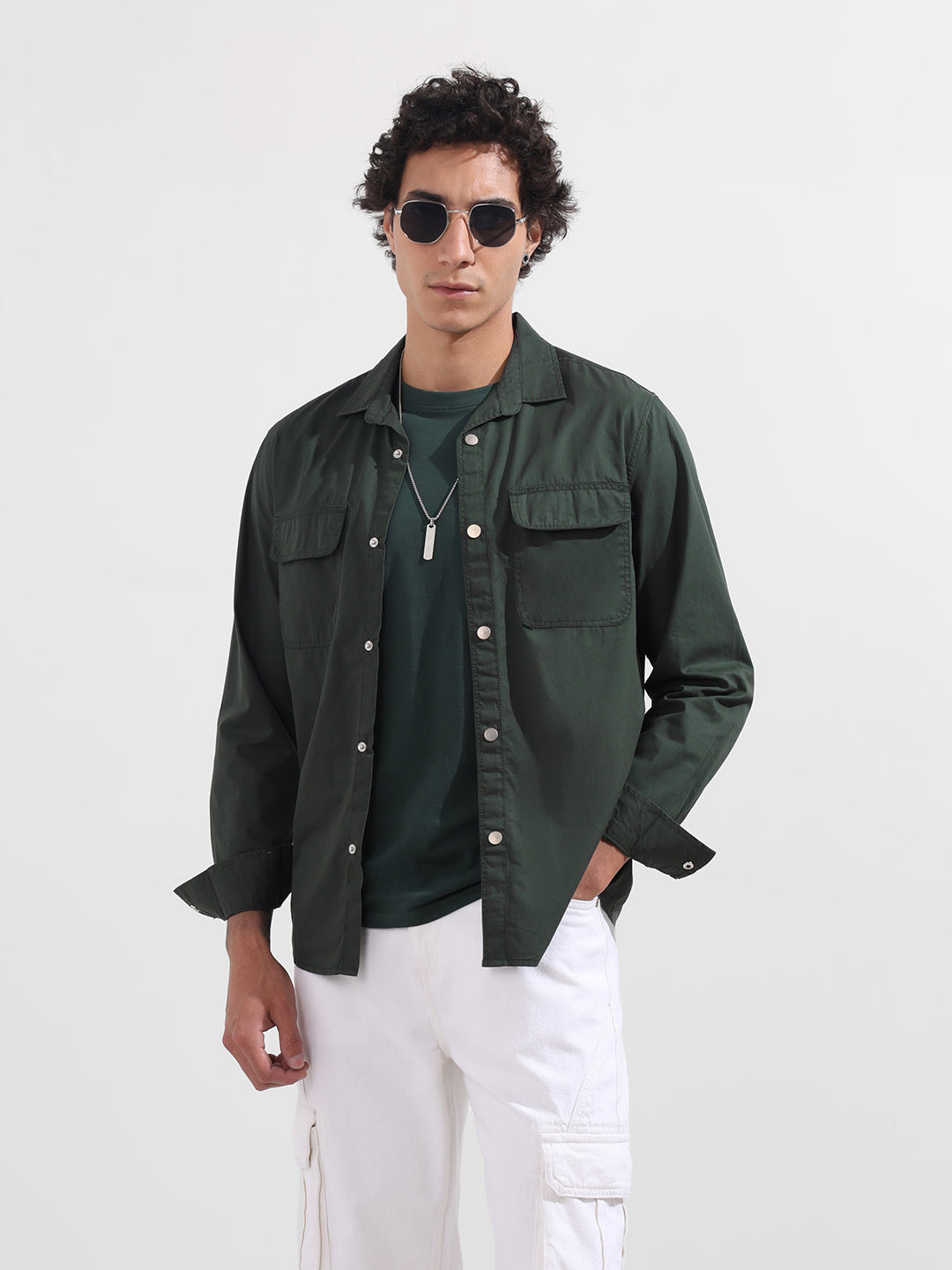 Men's Green Regular Fit Utility Solid Shirt
