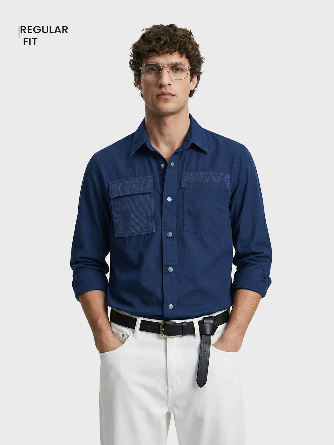 Men's Navy Blue Regular Fit Solid Utility Shirt