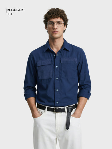 Men's Blue Regular Fit Solid Utility Shirt