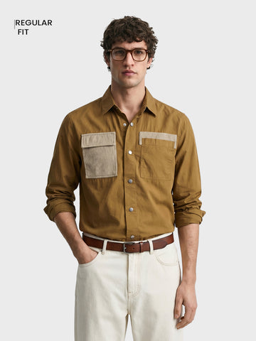 Men's Khaki Regular Fit Solid Utility Shirt