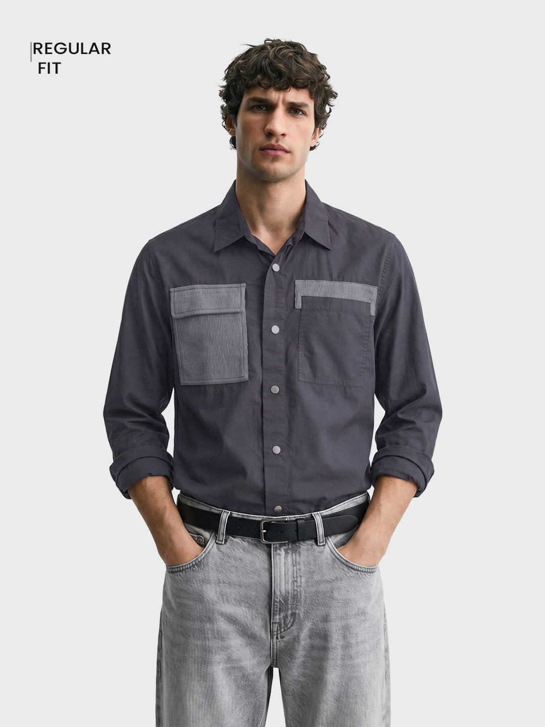 Men's Grey Regular Fit Solid Utility Shirt