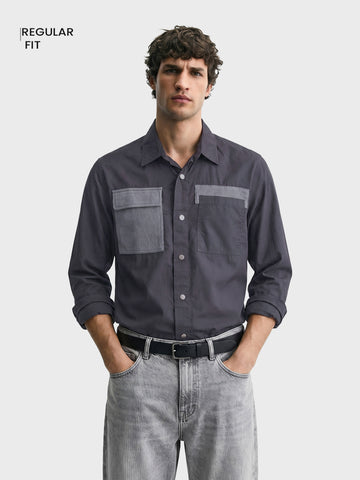 Men's Grey Regular Fit Solid Utility Shirt