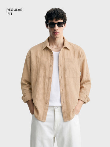 Men's Orange Regular Fit Textured Casual Shirts