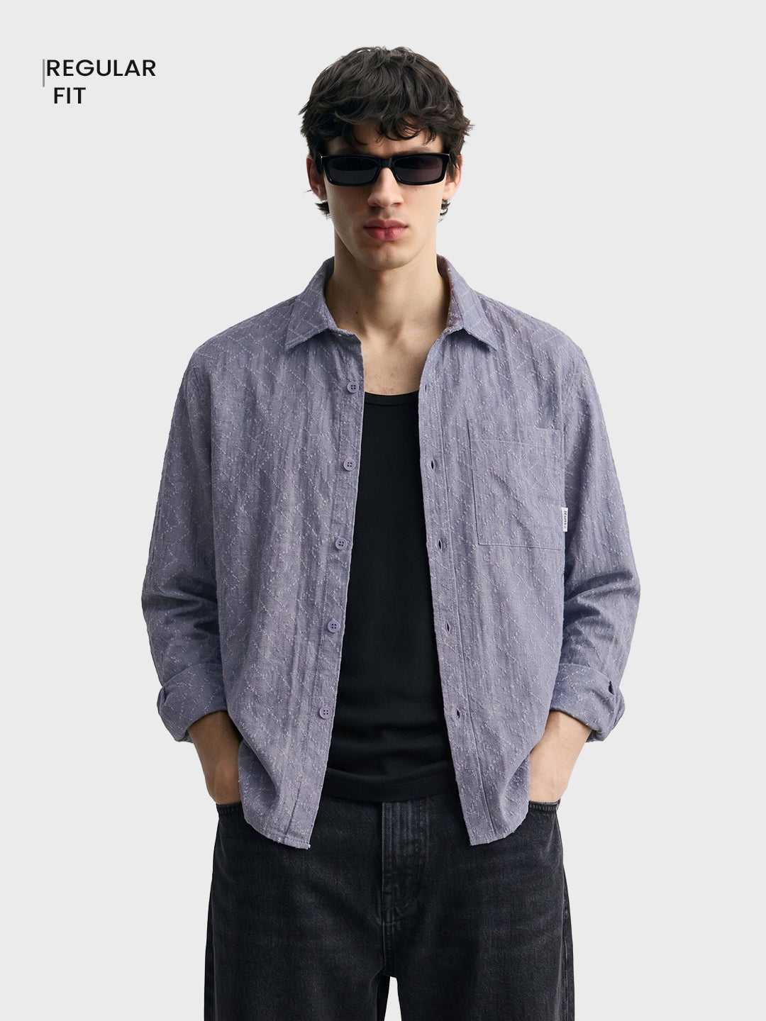Men's Black Oversized Fit Textured Casual Shirts