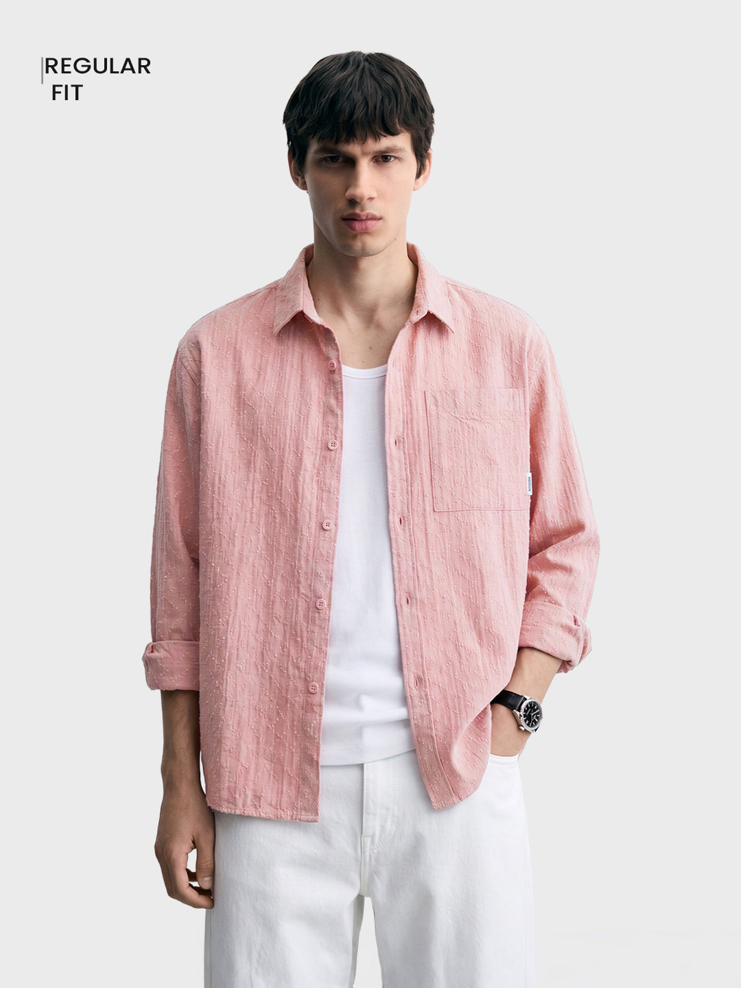 Men's Pink Oversized Fit Textured Casual Shirts