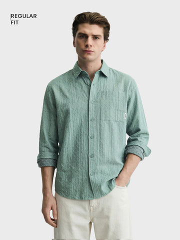 Men's Green Regular Fit Textured Casual Shirts