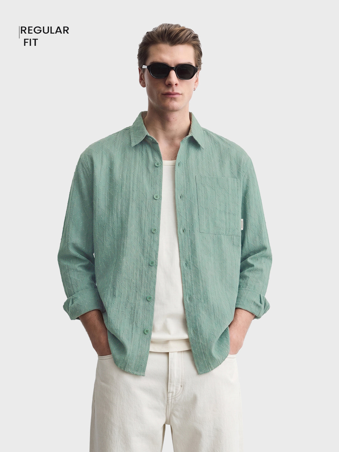 Men's Green Oversized Fit Textured Casual Shirts