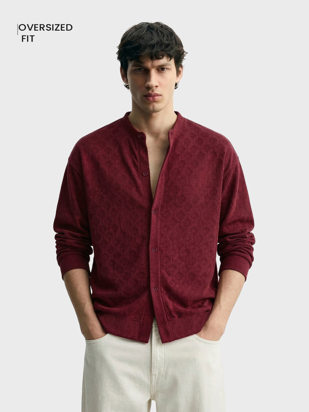 Men's Maroon Oversized Fit Textured Casual Shirts
