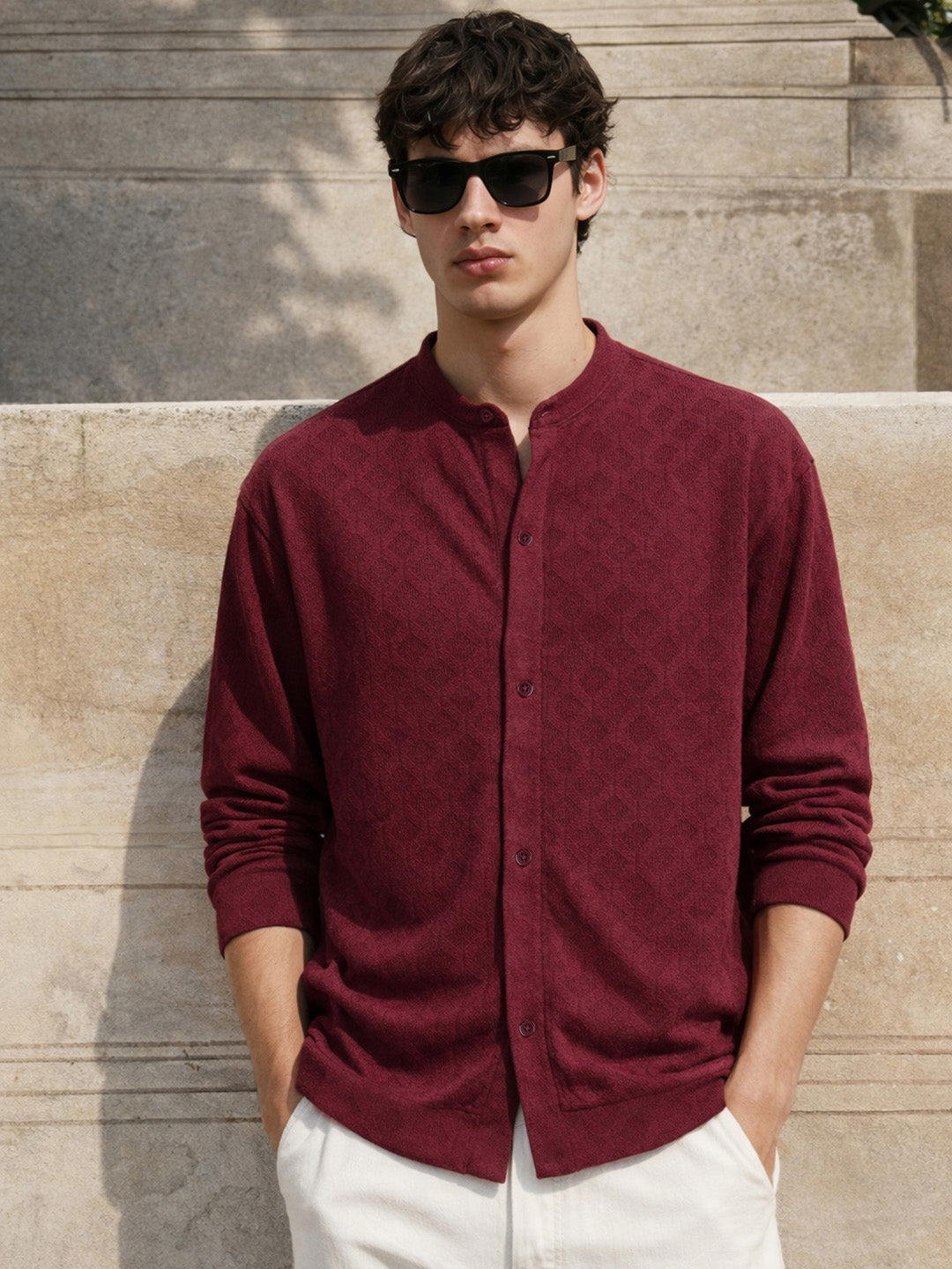 Men's Maroon Oversized Fit Textured Casual Shirts