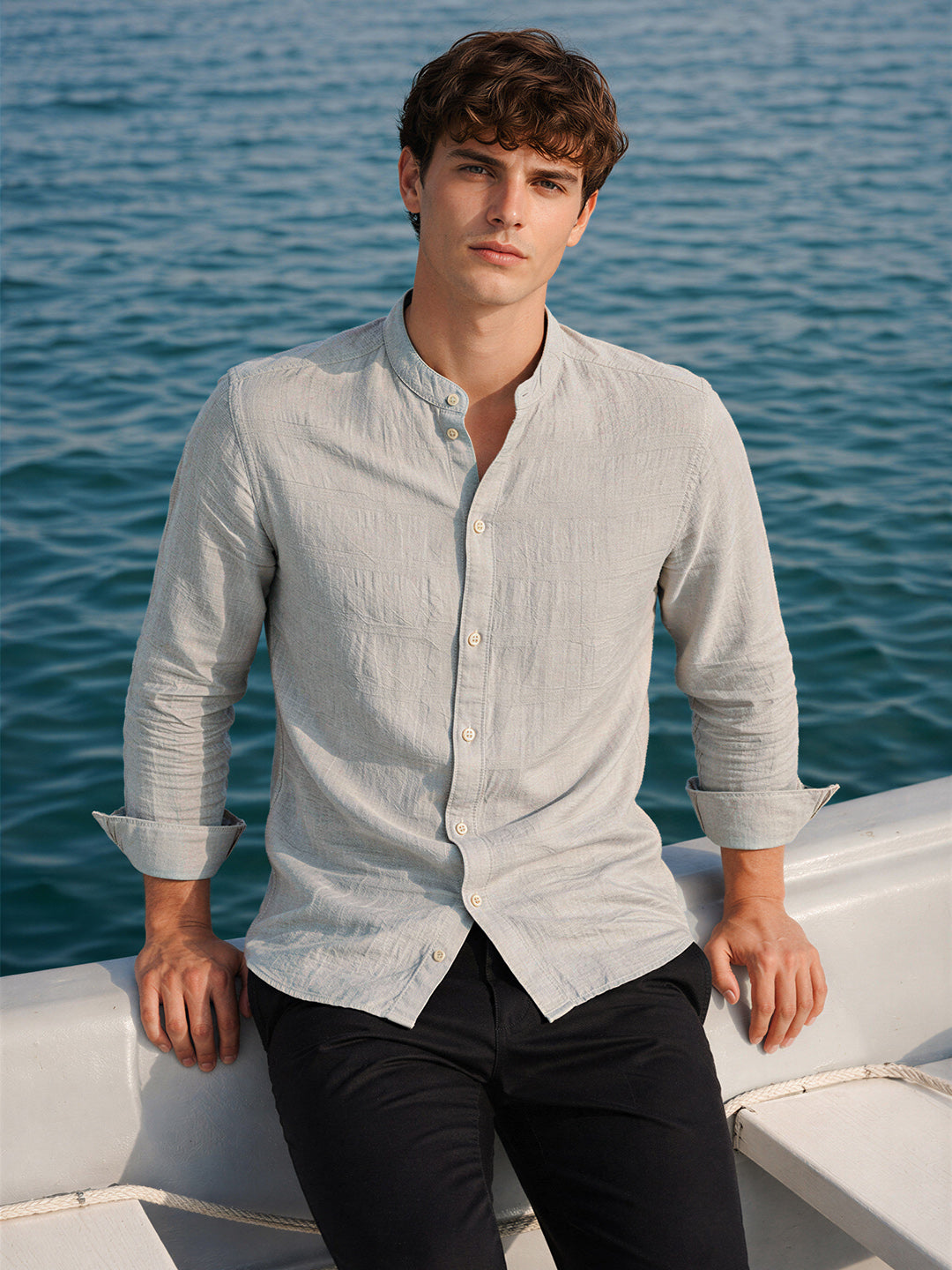 Men's Grey Regular Fit Textured Resort Wear Shirt