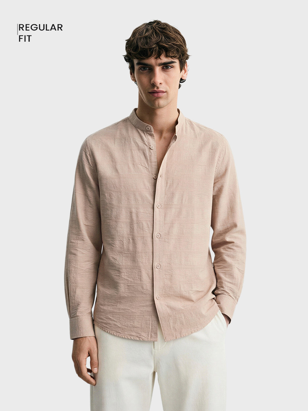Men's Beige Regular Fit Textured Resort Wear Shirt