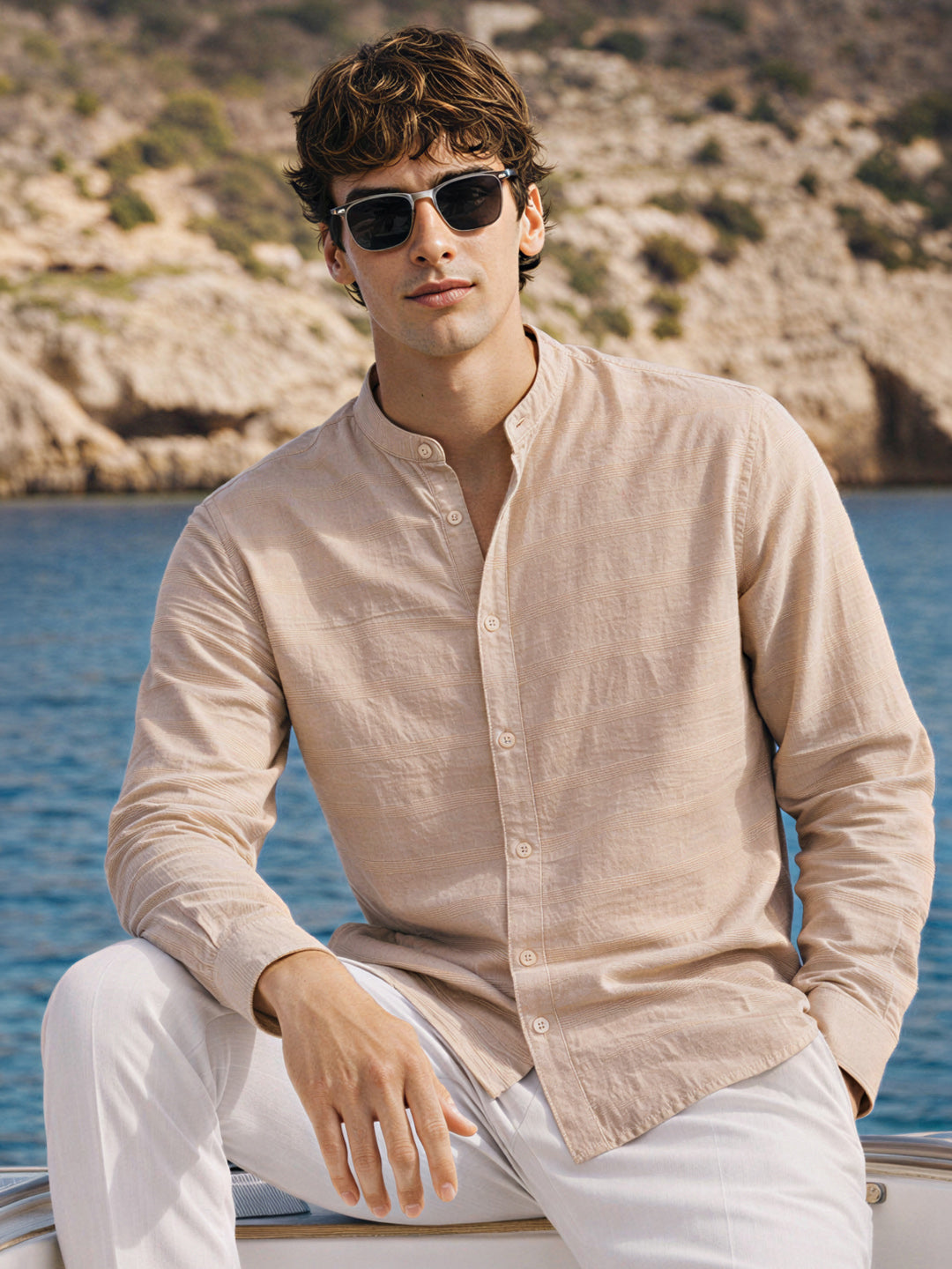 Men's Beige Regular Fit Textured Resort Wear Shirt