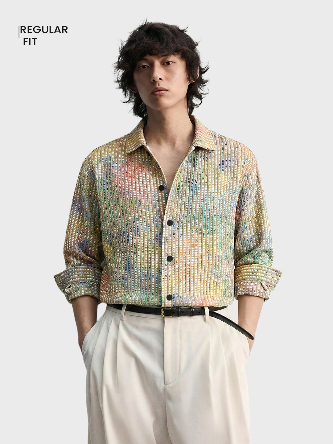 Men's Khaki Regular Fit Textured Casual Shirts