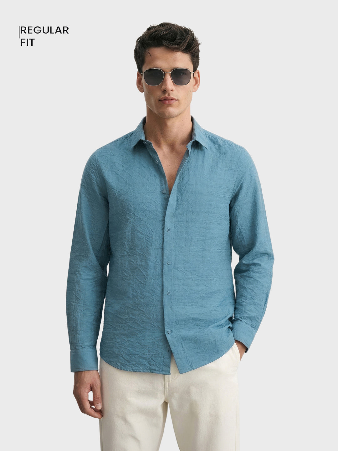 Men's Blue Regular Fit Textured Casual Shirt