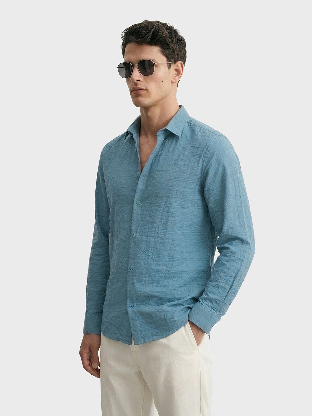 Men's Blue Regular Fit Textured Casual Shirt