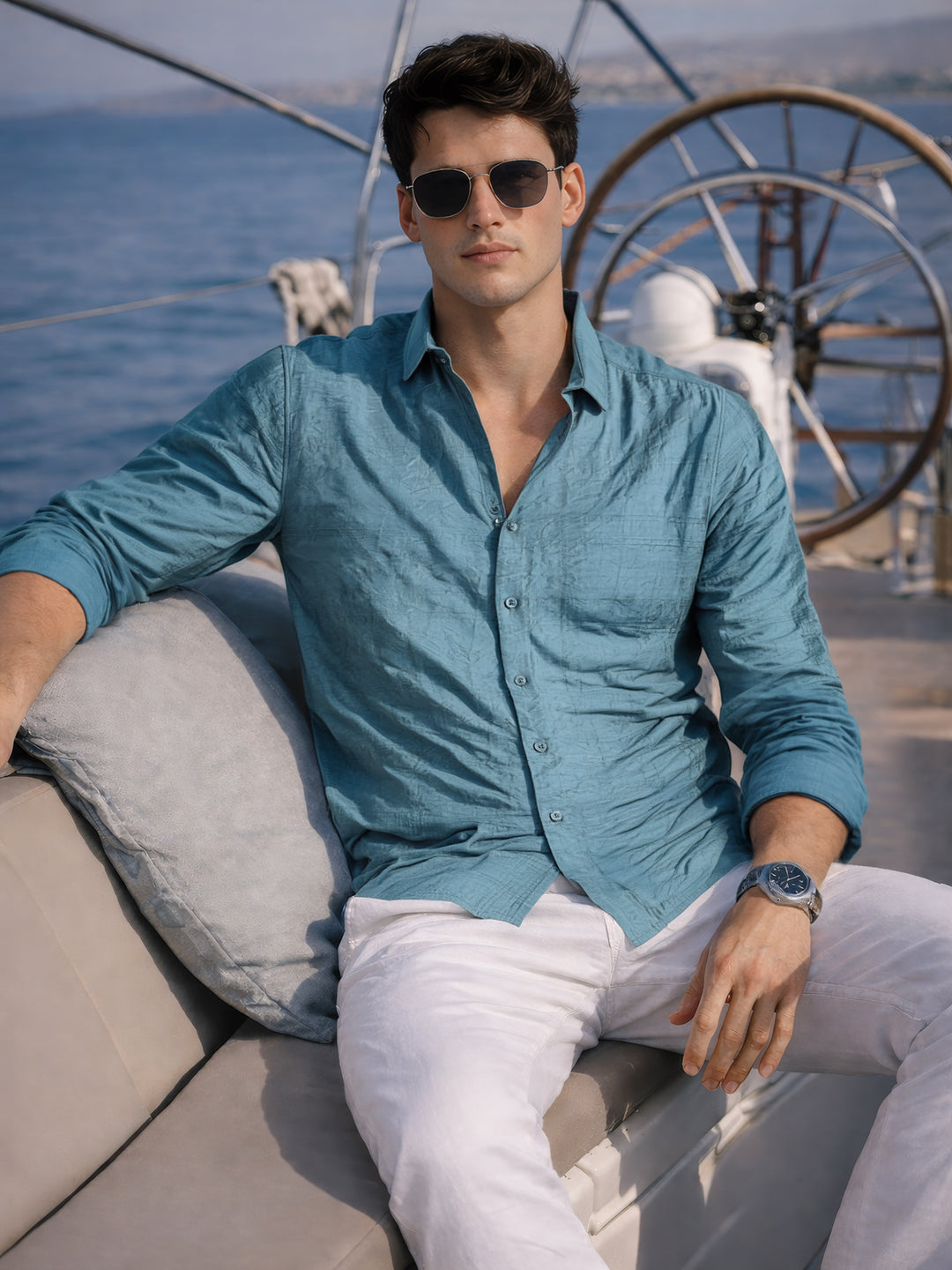 Men's Blue Regular Fit Textured Casual Shirt