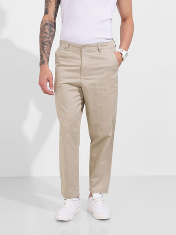 Men's Khaki Relaxed Fit Solid Casual Trousers