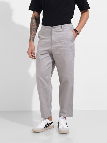 Men's Grey Relaxed Fit Solid Casual Trousers