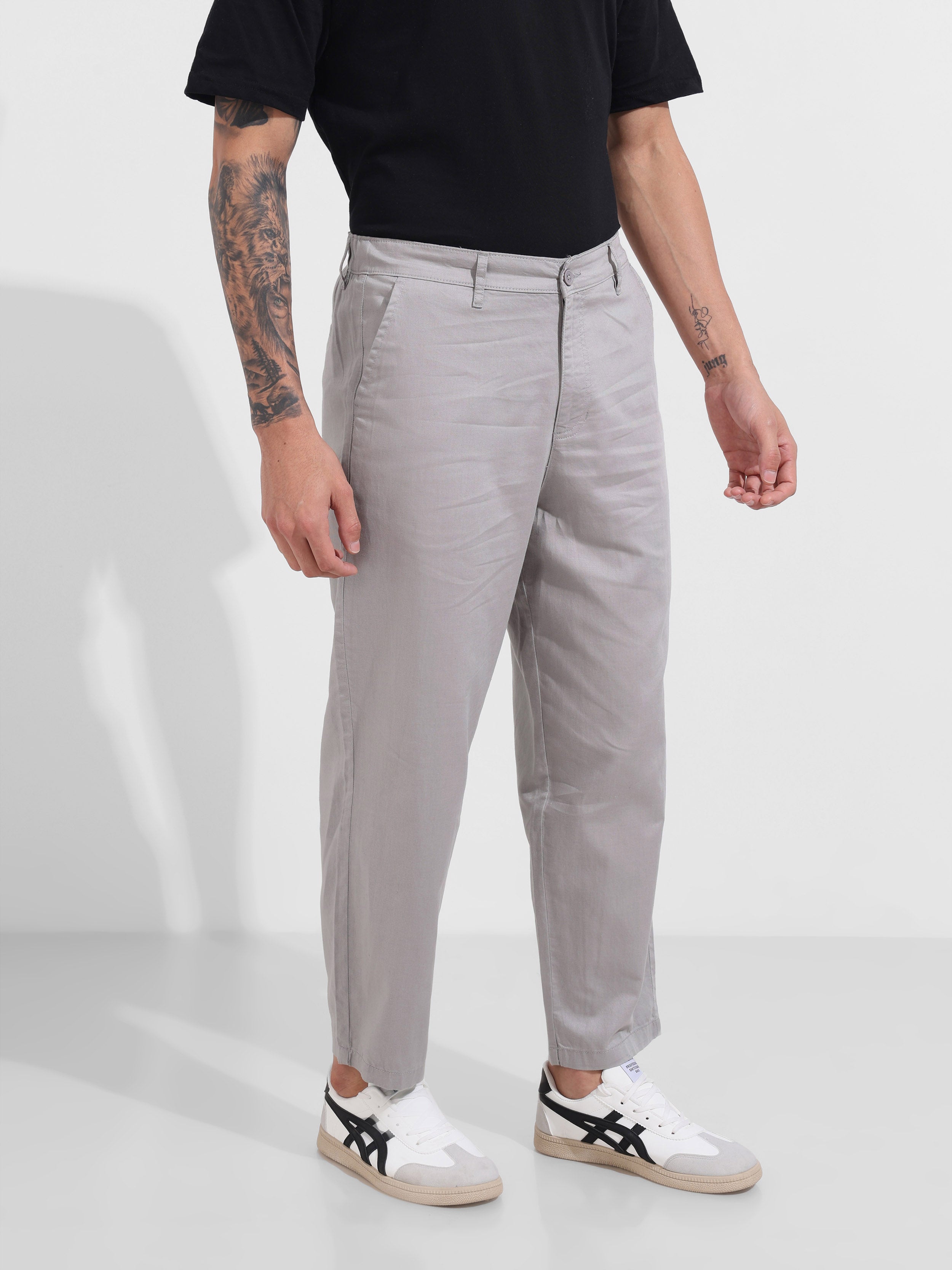 Men's Grey Relaxed Fit Solid Casual Trousers