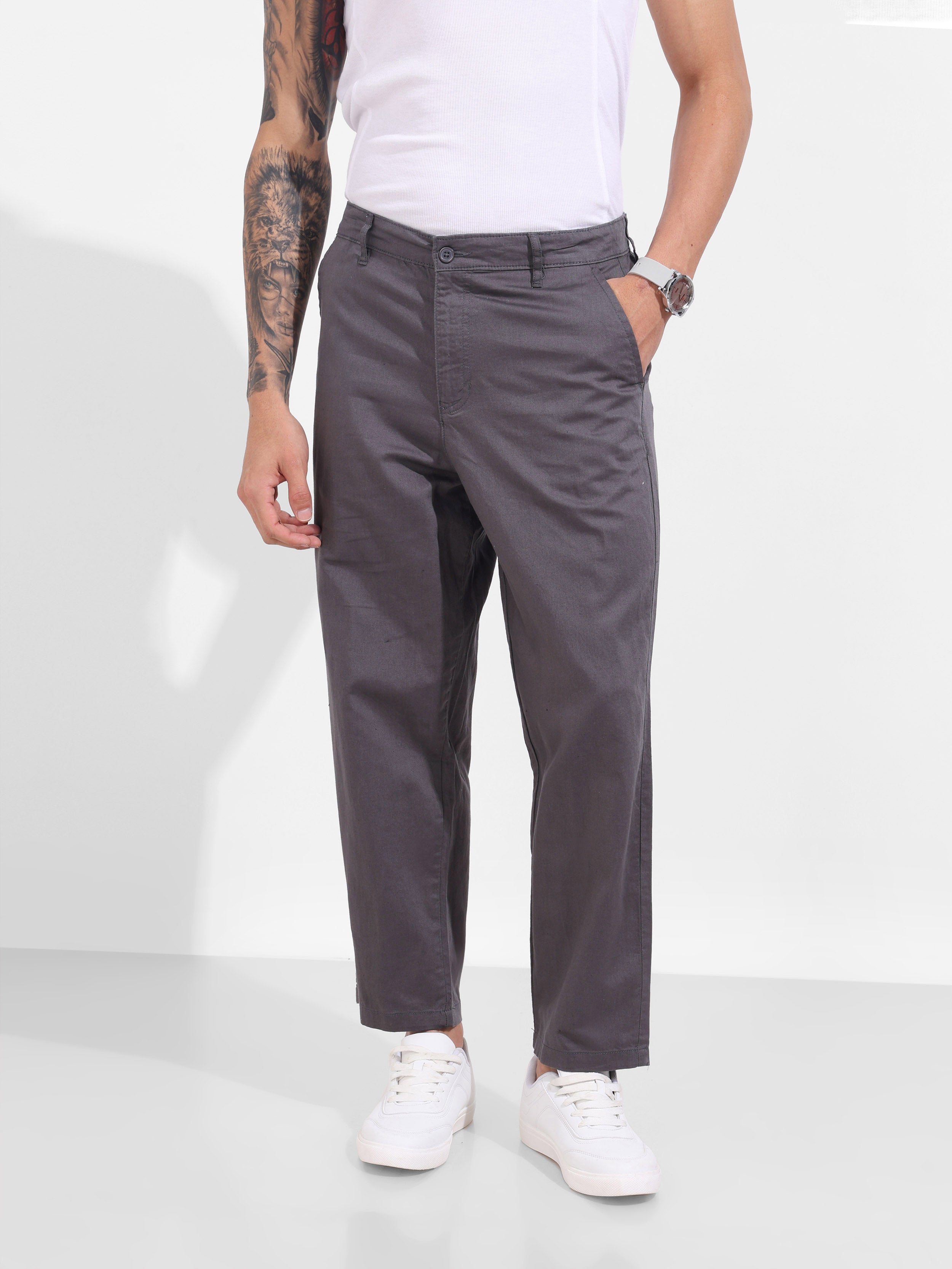 Men's Grey Relaxed Fit Solid Casual Trousers