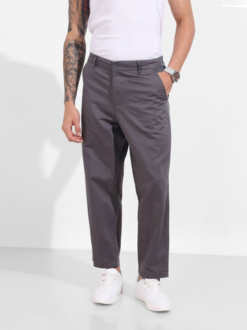 Men's Grey Relaxed Fit Solid Casual Trousers