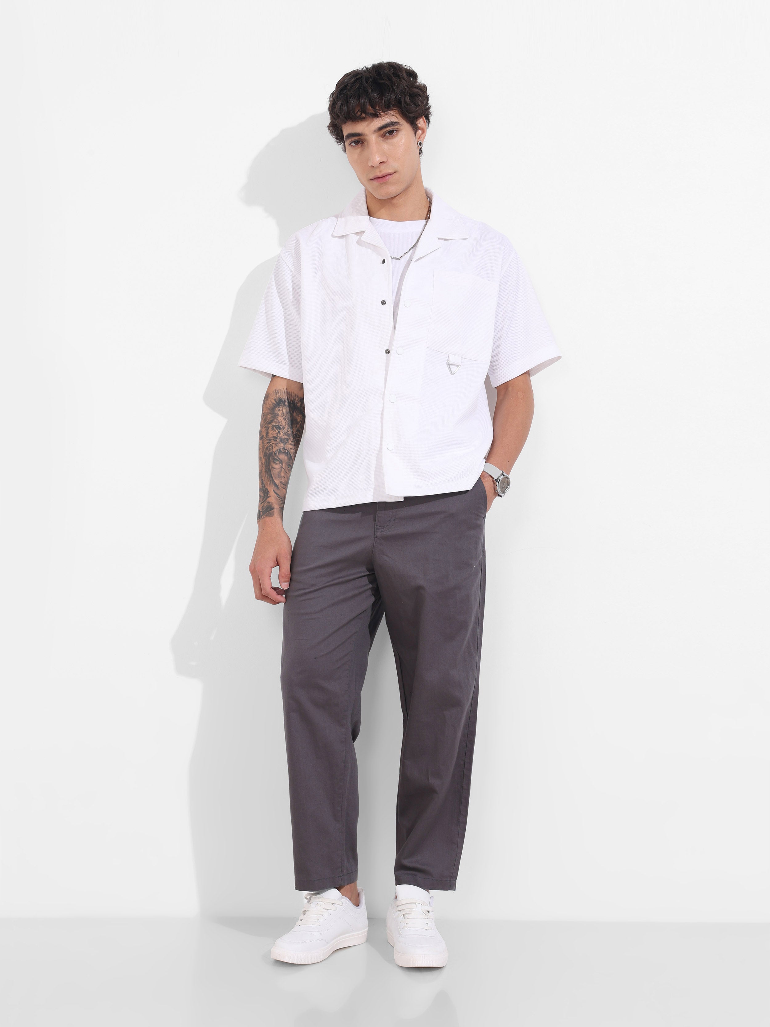 Men's Grey Relaxed Fit Solid Casual Trousers