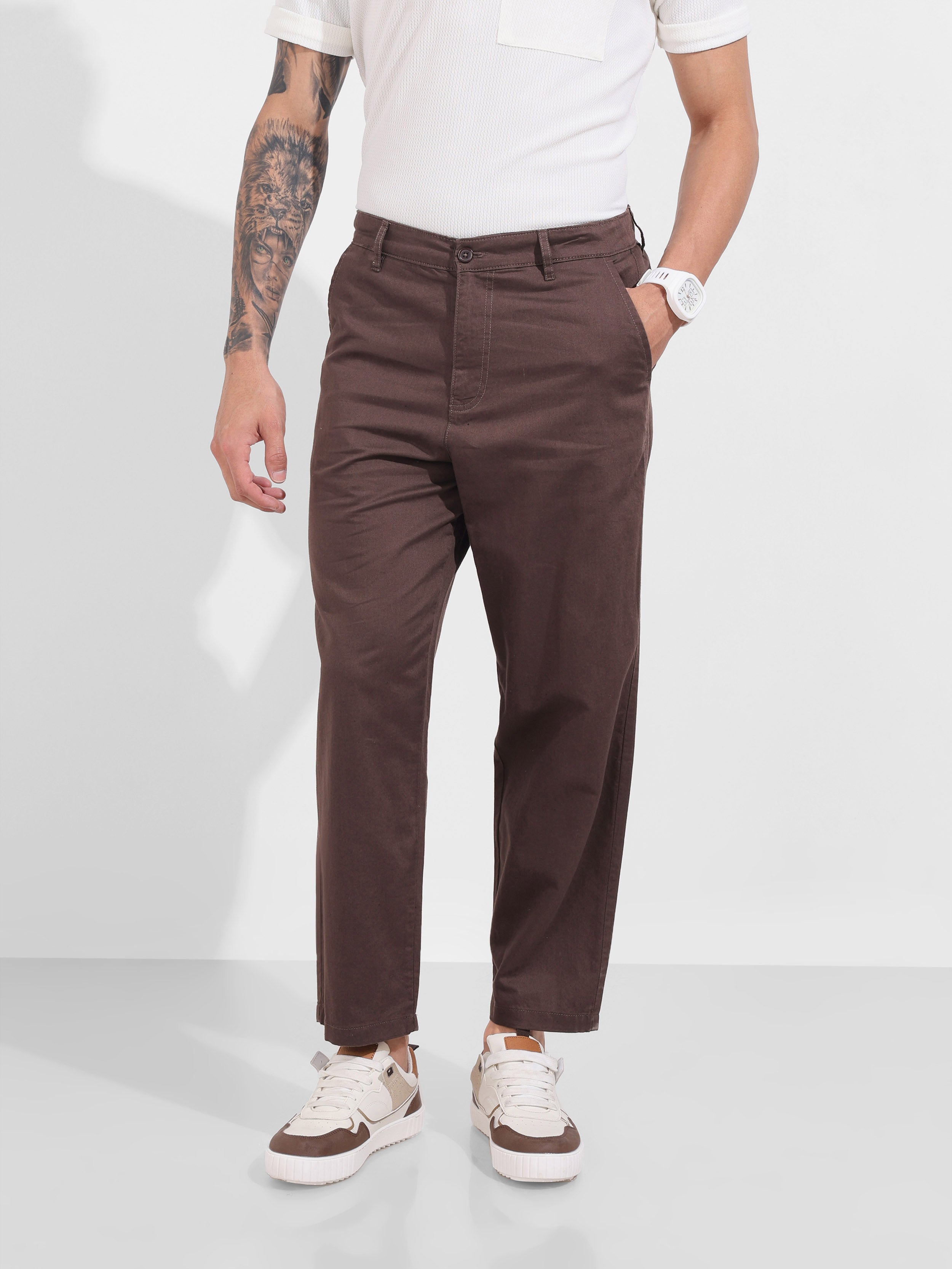 Men's Brown Relaxed Fit Solid Casual Trousers
