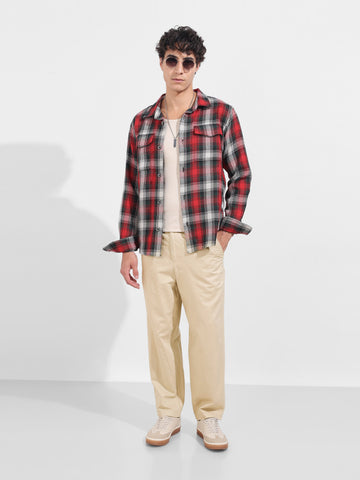 Men's Cream Relaxed Fit Solid Casual Trousers