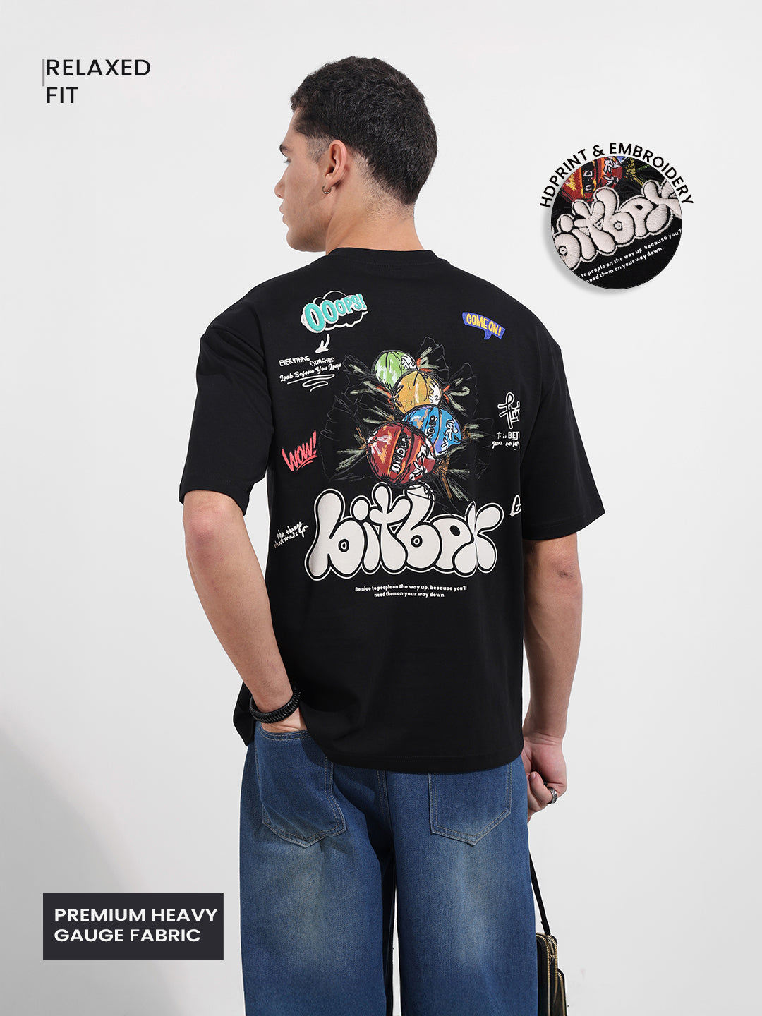 Men's Black Relaxed Fit Embroided 240 GSM Casual T-Shirt
