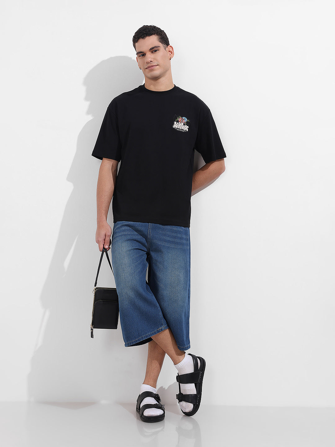 Men's Black Relaxed Fit Embroided 240 GSM Casual T-Shirt