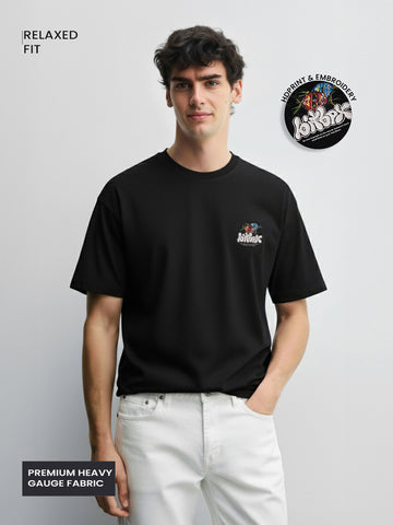 Men's Black Relaxed Fit Embroided 240 GSM Casual T-Shirt