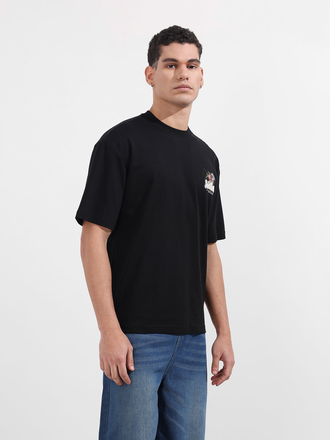 Men's Black Relaxed Fit Embroided 240 GSM Casual T-Shirt