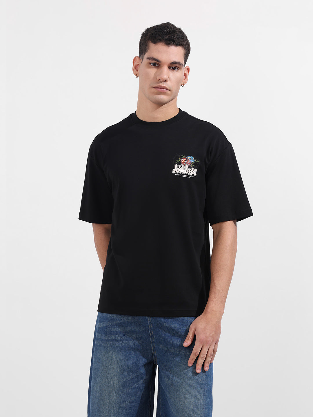 Men's Black Relaxed Fit Embroided 240 GSM Casual T-Shirt