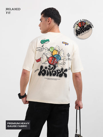 Men's Cream Relaxed Fit Embroided 240 GSM Casual T-Shirt