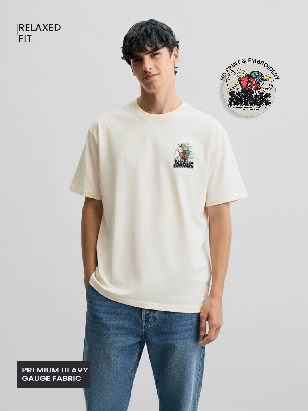 Men's Cream Relaxed Fit Embroided 240 GSM Casual T-Shirt