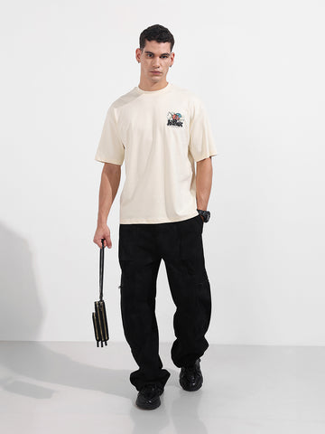 Men's Cream Relaxed Fit Embroided 240 GSM Casual T-Shirt