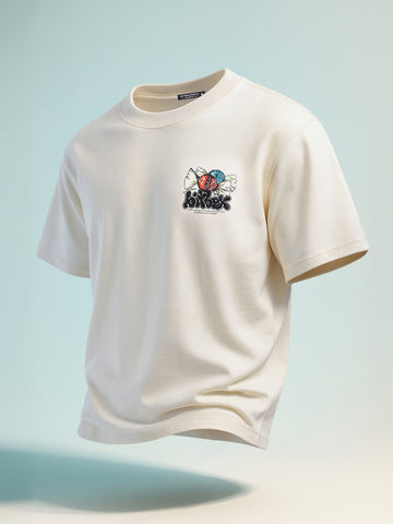 Men's Cream Relaxed Fit Embroided 240 GSM Casual T-Shirt