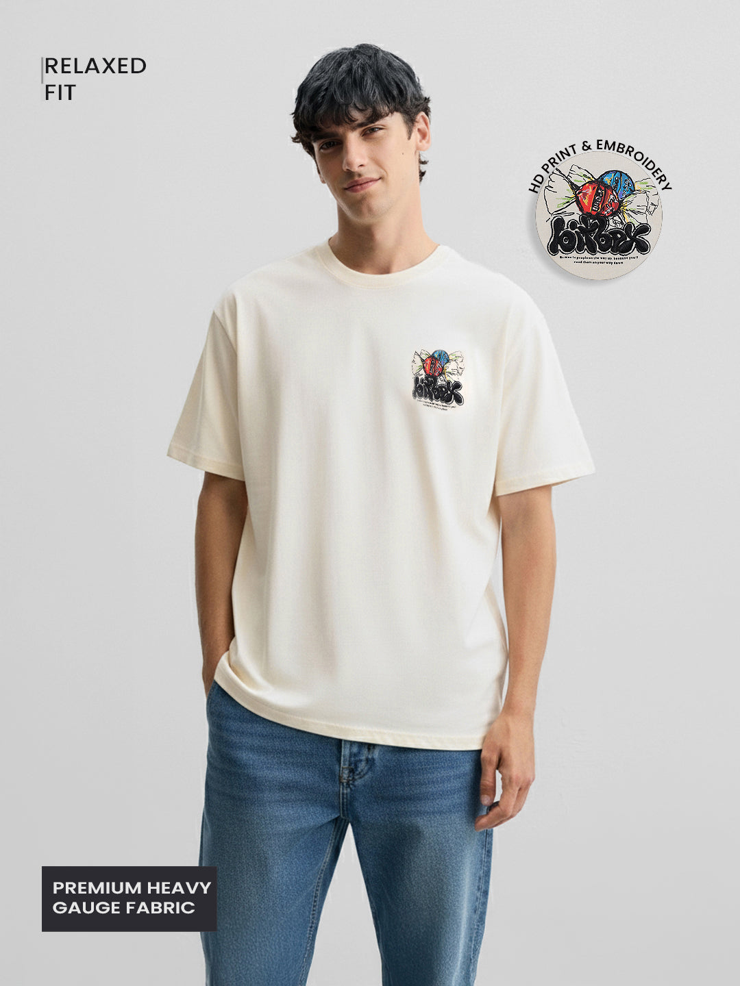 Men's Cream Relaxed Fit Embroided 240 GSM Casual T-Shirt