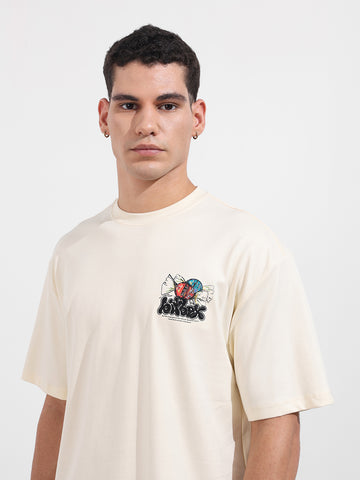 Men's Cream Relaxed Fit Embroided 240 GSM Casual T-Shirt