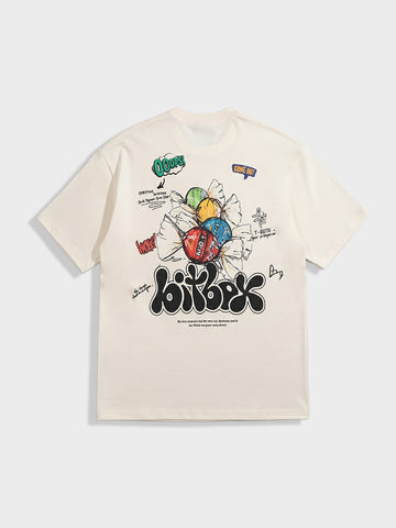 Men's Cream Relaxed Fit Embroided 240 GSM Casual T-Shirt