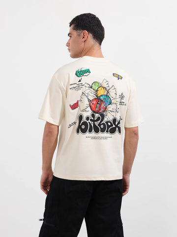 Men's Cream Relaxed Fit Embroided 240 GSM Casual T-Shirt