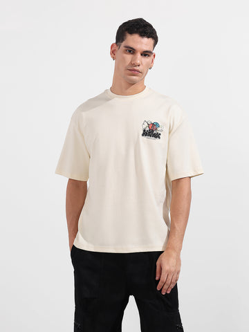 Men's Cream Relaxed Fit Embroided 240 GSM Casual T-Shirt