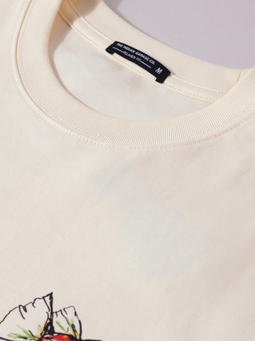 Men's Cream Relaxed Fit Embroided 240 GSM Casual T-Shirt