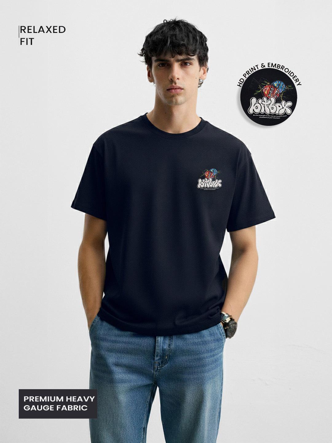 Men's Blue Relaxed Fit Embroided 240 GSM Casual T-Shirt